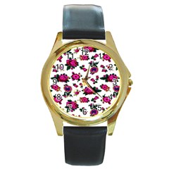 Crown Red Flower Floral Calm Rose Sunflower White Round Gold Metal Watch