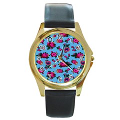 Crown Red Flower Floral Calm Rose Sunflower Round Gold Metal Watch