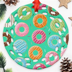 Doughnut Bread Donuts Green Round Filigree Ornament (two Sides)