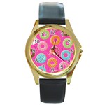 Doughnut Bread Donuts Pink Round Gold Metal Watch Front