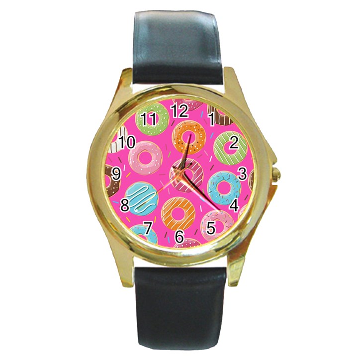 Doughnut Bread Donuts Pink Round Gold Metal Watch