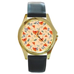 Foxes Animals Face Orange Round Gold Metal Watch