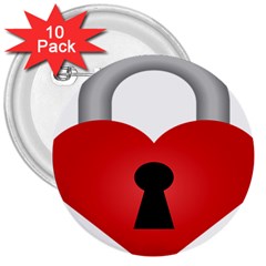 Heart Padlock Red Love 3  Buttons (10 Pack) 