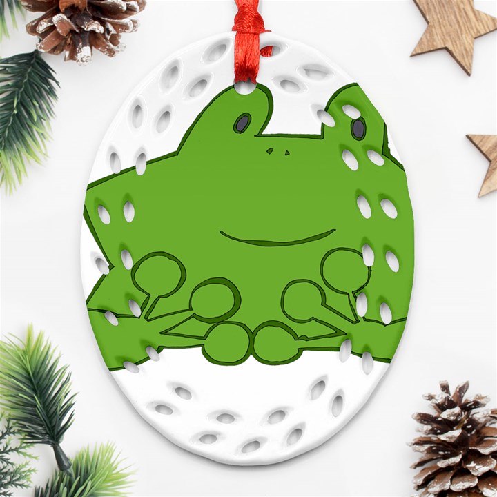 Illustrain Frog Animals Green Face Smile Ornament (Oval Filigree)