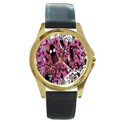 Octopus Colorful Cartoon Octopuses Pattern Black Pink Round Gold Metal Watch by Mariart