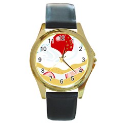 Seeds Strawberry Bread Fruite Red Round Gold Metal Watch by Mariart