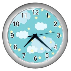 Stellar Cloud Blue Sky Star Wall Clocks (silver) 