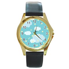 Stellar Cloud Blue Sky Star Round Gold Metal Watch by Mariart