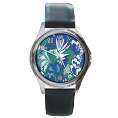 Tropics Leaf Bluegreen Round Metal Watch