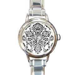 Vintage Damask Black Flower Round Italian Charm Watch by Mariart