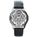 Vintage Damask Black Flower Round Metal Watch Front