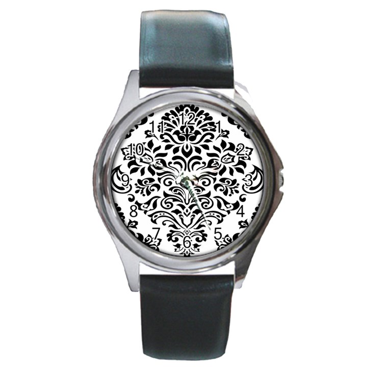 Vintage Damask Black Flower Round Metal Watch