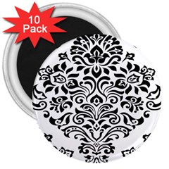 Vintage Damask Black Flower 3  Magnets (10 Pack)  by Mariart