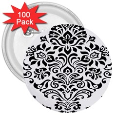 Vintage Damask Black Flower 3  Buttons (100 Pack)  by Mariart