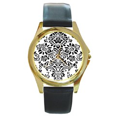 Vintage Damask Black Flower Round Gold Metal Watch by Mariart