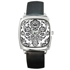 Vintage Damask Black Flower Square Metal Watch by Mariart