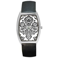 Vintage Damask Black Flower Barrel Style Metal Watch by Mariart