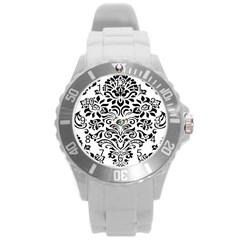 Vintage Damask Black Flower Round Plastic Sport Watch (l)