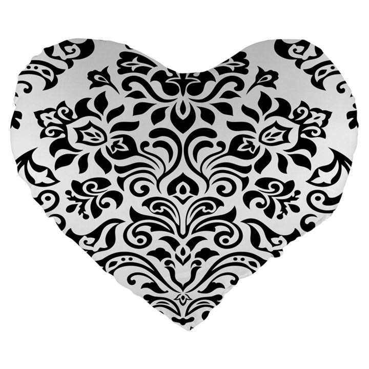 Vintage Damask Black Flower Large 19  Premium Heart Shape Cushions