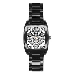 Vintage Damask Black Flower Stainless Steel Barrel Watch by Mariart