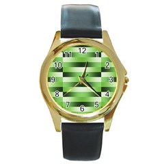 View Original Pinstripes Green Shapes Shades Round Gold Metal Watch