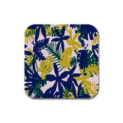 Tropics Leaf Yellow Green Blue Rubber Square Coaster (4 Pack) 