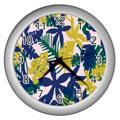 Tropics Leaf Yellow Green Blue Wall Clocks (silver) 