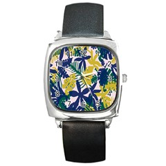 Tropics Leaf Yellow Green Blue Square Metal Watch by Mariart