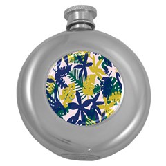 Tropics Leaf Yellow Green Blue Round Hip Flask (5 Oz)