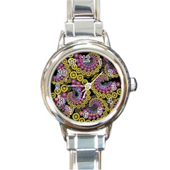 Spiral Floral Fractal Flower Star Sunflower Purple Yellow Round Italian Charm Watch