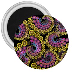 Spiral Floral Fractal Flower Star Sunflower Purple Yellow 3  Magnets by Mariart