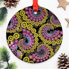 Spiral Floral Fractal Flower Star Sunflower Purple Yellow Ornament (round) by Mariart