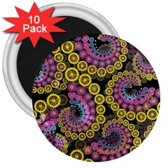 Spiral Floral Fractal Flower Star Sunflower Purple Yellow 3  Magnets (10 Pack)  by Mariart