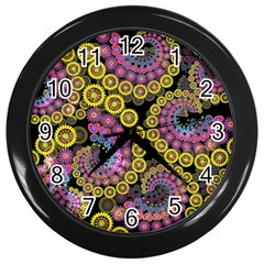 Spiral Floral Fractal Flower Star Sunflower Purple Yellow Wall Clocks (black)