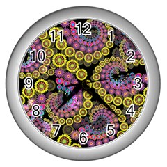 Spiral Floral Fractal Flower Star Sunflower Purple Yellow Wall Clocks (silver)  by Mariart