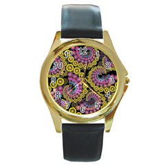 Spiral Floral Fractal Flower Star Sunflower Purple Yellow Round Gold Metal Watch