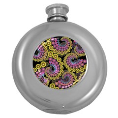 Spiral Floral Fractal Flower Star Sunflower Purple Yellow Round Hip Flask (5 Oz) by Mariart