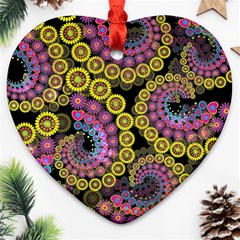 Spiral Floral Fractal Flower Star Sunflower Purple Yellow Heart Ornament (two Sides) by Mariart