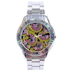 Spiral Floral Fractal Flower Star Sunflower Purple Yellow Stainless Steel Analogue Watch by Mariart