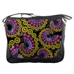 Spiral Floral Fractal Flower Star Sunflower Purple Yellow Messenger Bags by Mariart