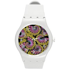 Spiral Floral Fractal Flower Star Sunflower Purple Yellow Round Plastic Sport Watch (m) by Mariart