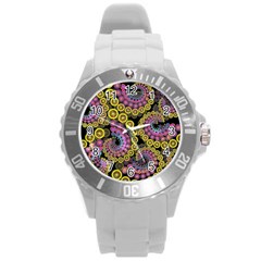 Spiral Floral Fractal Flower Star Sunflower Purple Yellow Round Plastic Sport Watch (l) by Mariart