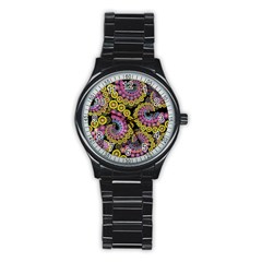 Spiral Floral Fractal Flower Star Sunflower Purple Yellow Stainless Steel Round Watch by Mariart