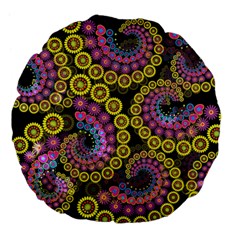 Spiral Floral Fractal Flower Star Sunflower Purple Yellow Large 18  Premium Flano Round Cushions