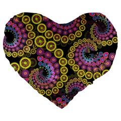 Spiral Floral Fractal Flower Star Sunflower Purple Yellow Large 19  Premium Flano Heart Shape Cushions by Mariart