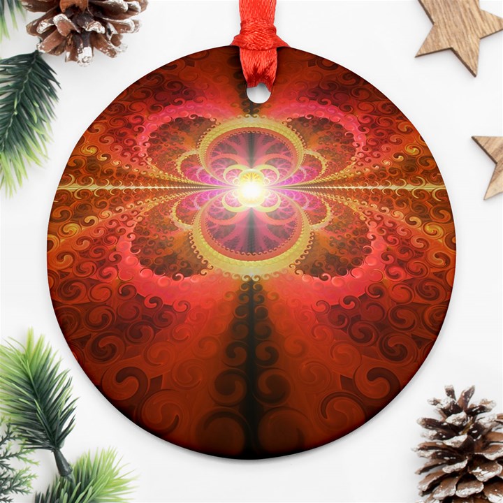 Liquid Sunset, A Beautiful Fractal Burst Of Fiery Colors Ornament (Round)