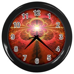 Liquid Sunset, A Beautiful Fractal Burst Of Fiery Colors Wall Clocks (black) by jayaprime