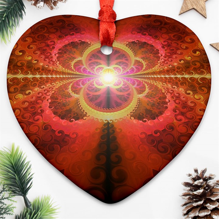 Liquid Sunset, A Beautiful Fractal Burst Of Fiery Colors Heart Ornament (Two Sides)