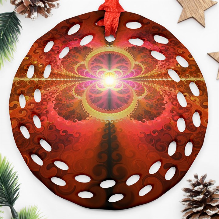 Liquid Sunset, A Beautiful Fractal Burst Of Fiery Colors Round Filigree Ornament (Two Sides)