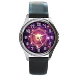 A Gold And Royal Purple Fractal Map Of The Stars Round Metal Watch Front